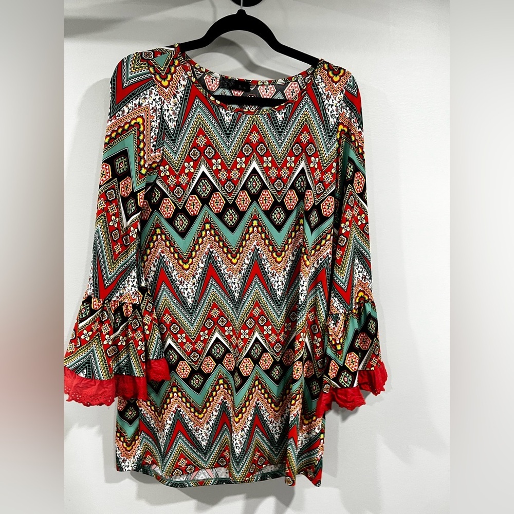 Vibrant Zigzag Patterned Blouse Size S Flared Sleeve - Picture 2 of 4